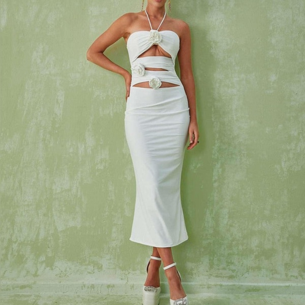 White Cutout Midi Dress with Floral Accents